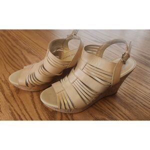 Franco Sarto Leather nude cork wedge high heel sandals